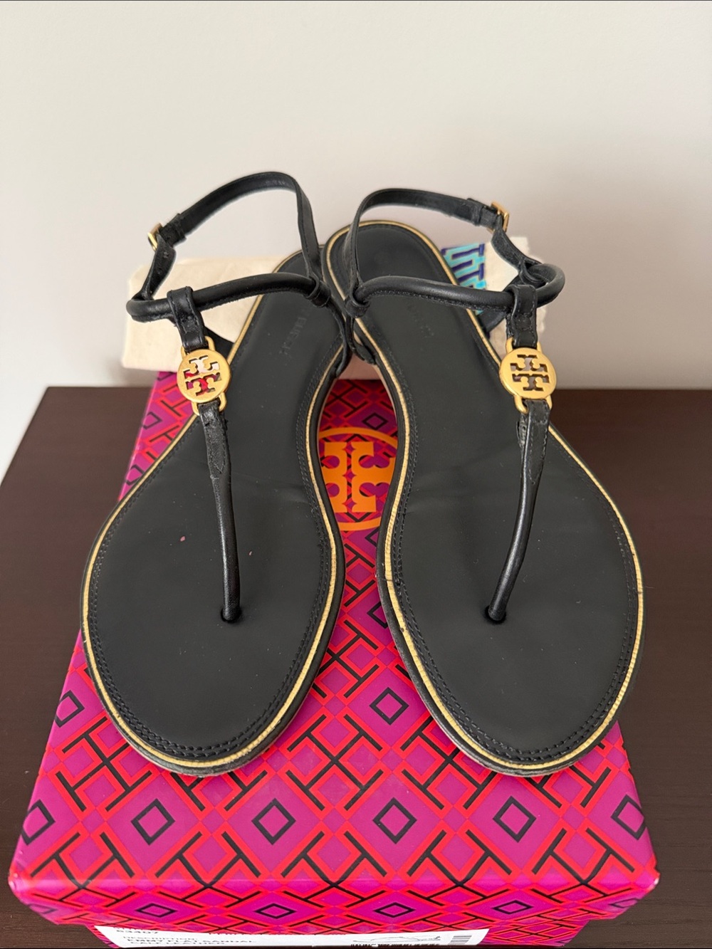 Tory Burch Emmy Flat Black Sandals with Gold Logo Medallions